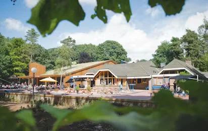 Houten recreatiegebouw met terras en parasols tussen de bomen