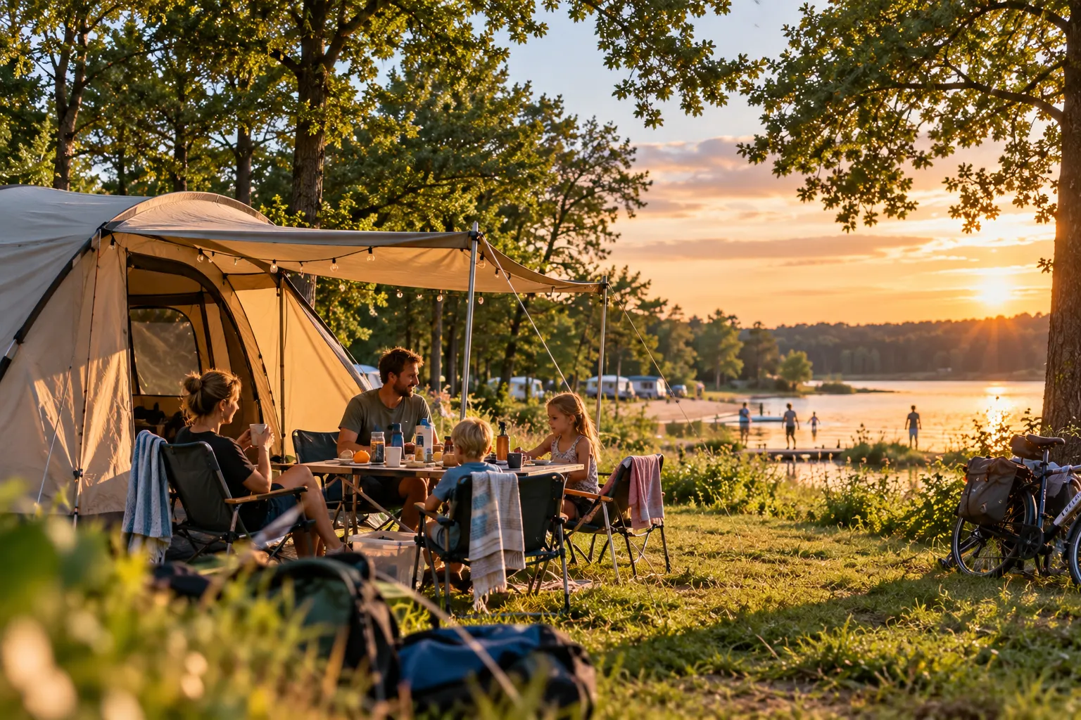 Gezin bij een tent op een camping aan het water tijdens zonsondergang