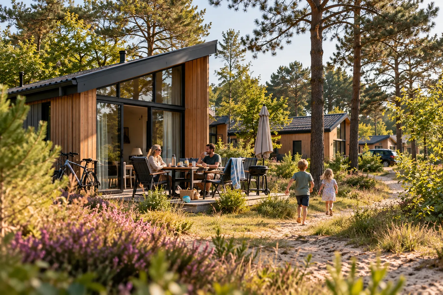 Gezin ontbijt op het terras van een houten vakantiehuisje op een vakantiepark